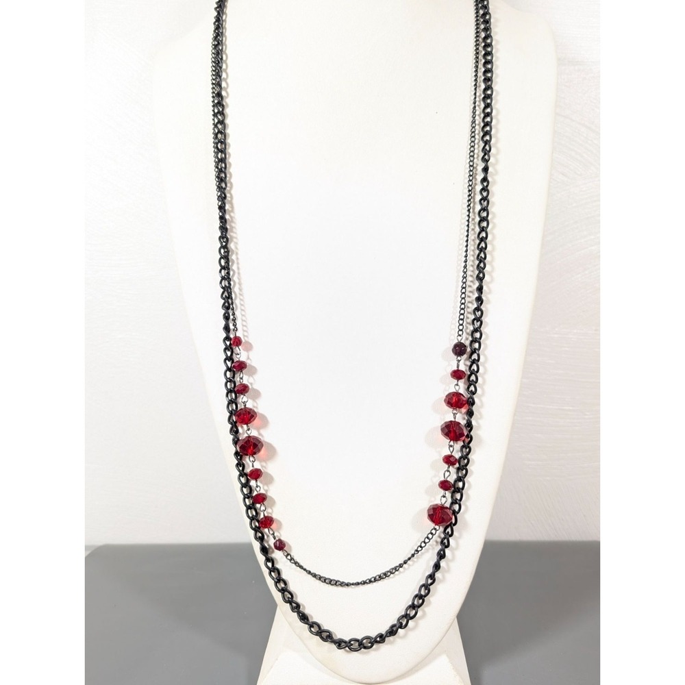 Black Metallic Double Chain Long Layer Red Glass Bead Necklace Gothic 40"